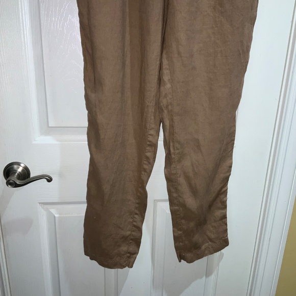 H&M tan linen straight leg elastic waist pants Sz L pockets drawstring - Picture 2 of 8